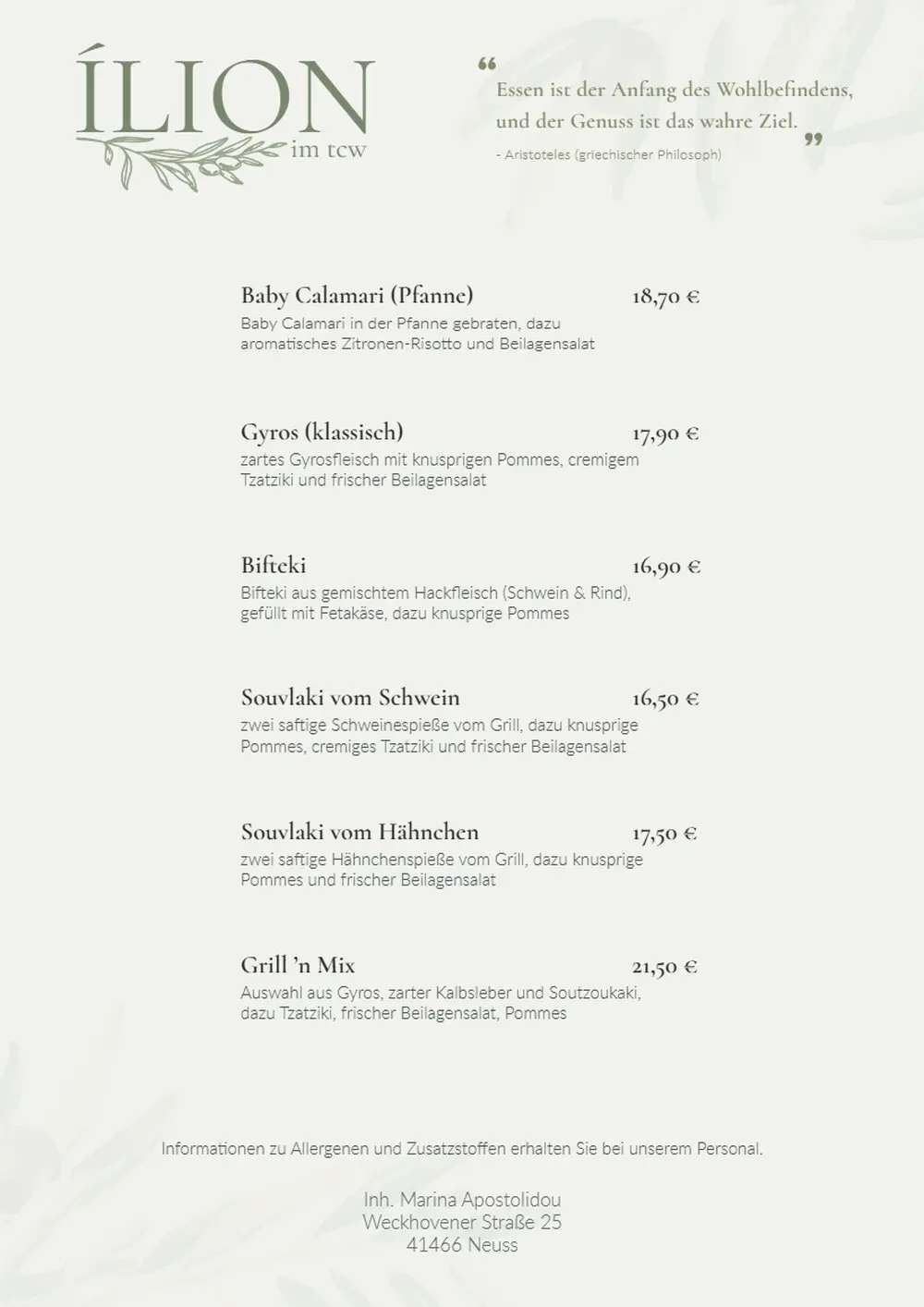 Speisekarte am Tag der Eröffnung am 6. Februar