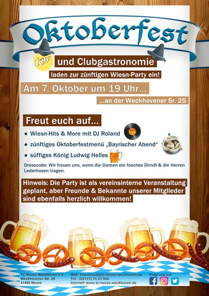 Werbeplakat Oktoberfest 2023 im TC Neuss-Weckhoven e.V.