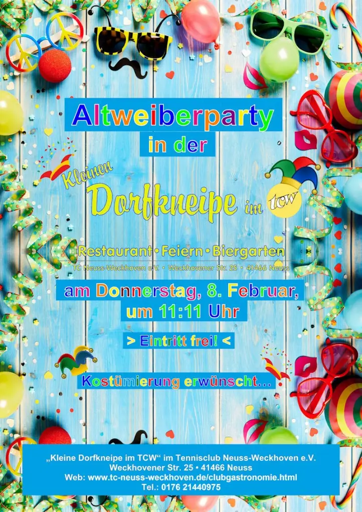 Werbeplakat Altweiberparty 2024 im TC Neuss-Weckhoven e.V. Werbeplakat Altweiberparty 2024 im TC Neuss-Weckhoven e.V.