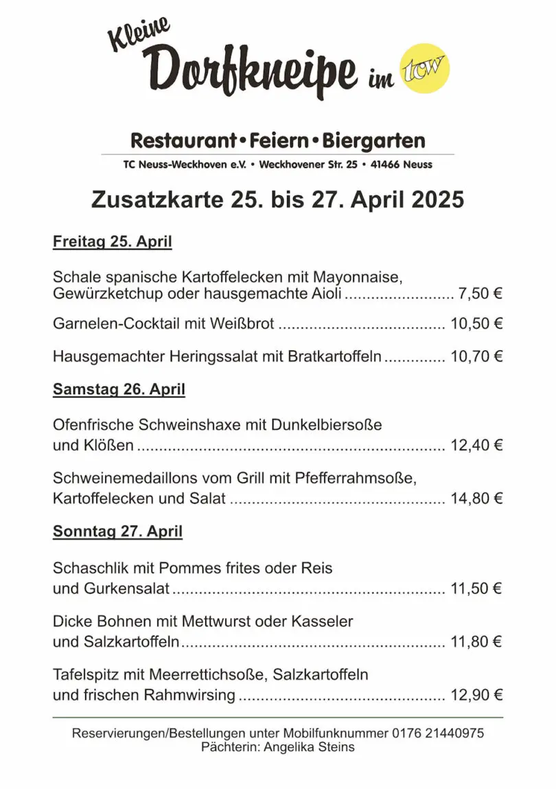 Zusatzangebote der "Kleinen Dorfkneipe im TCW"
