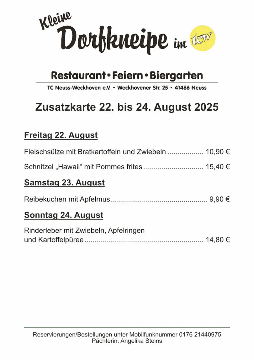 Zusatzangebote der "Kleinen Dorfkneipe im TCW" Zusatzangebote der "Kleinen Dorfkneipe im TCW"