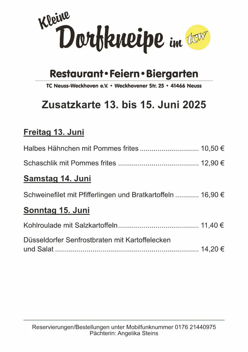 Zusatzangebote der "Kleinen Dorfkneipe im TCW"