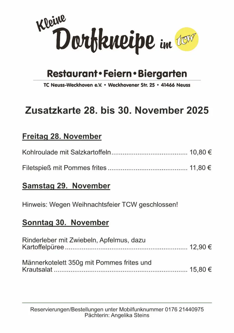 Zusatzangebote der "Kleinen Dorfkneipe im TCW"