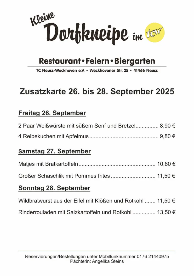 Zusatzangebote der "Kleinen Dorfkneipe im TCW"