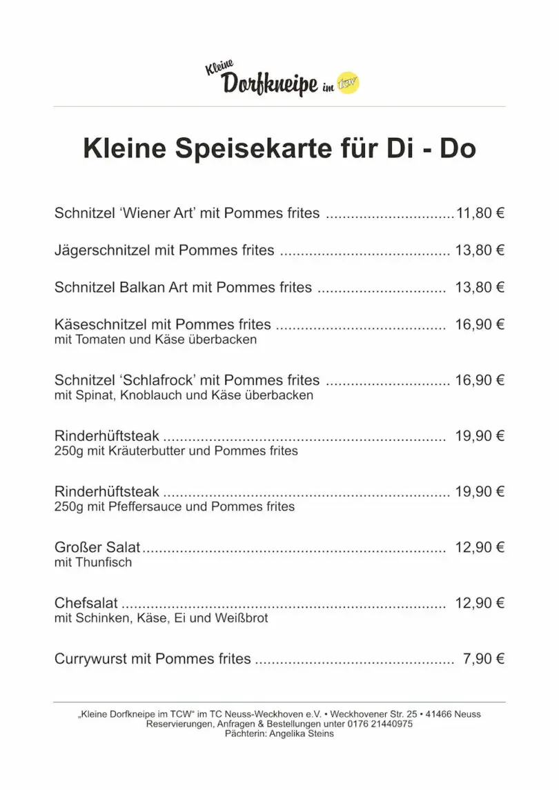 Zusatzangebote der "Kleinen Dorfkneipe im TCW"