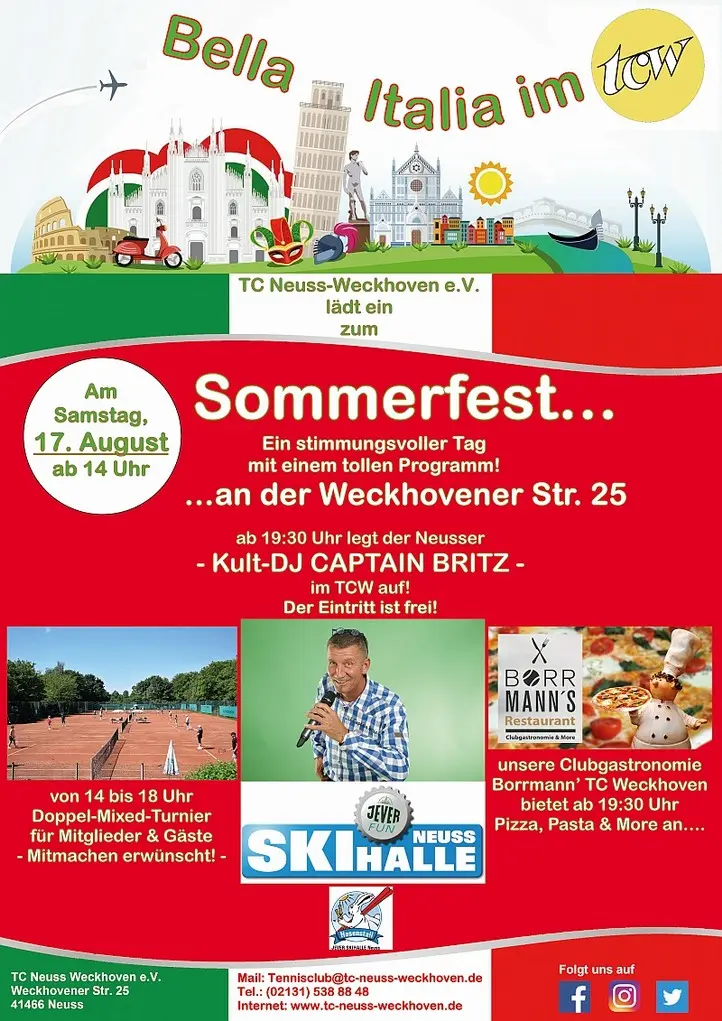 Werbeplakat Sommerfest 2019 - ‚Bella Italia im TCW‘ - im TC Neuss-Weckhoven e.V.