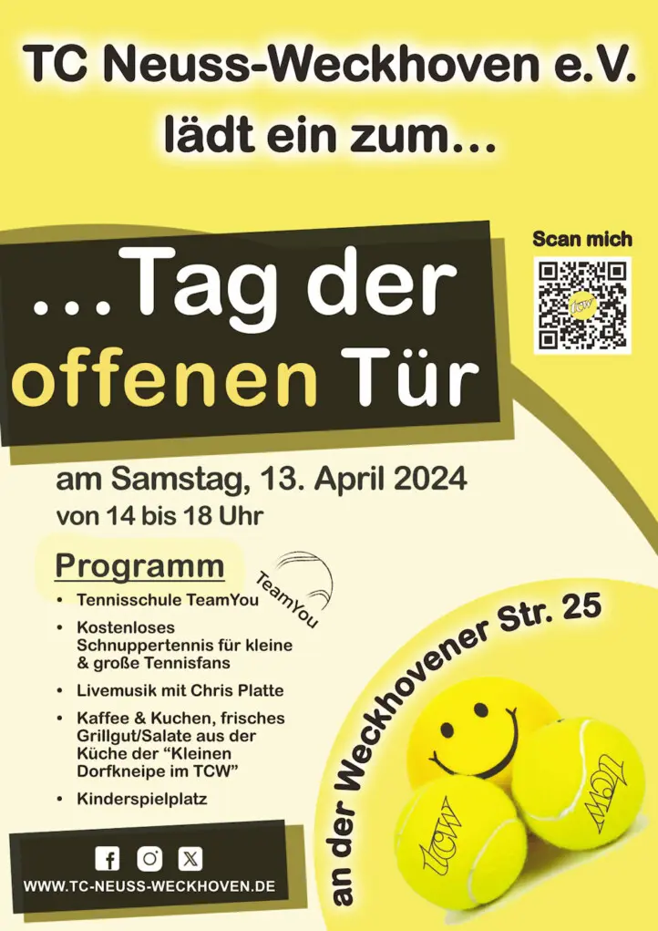 Werbeplakat Saisoneröffnung & 'Tag der offenen Tür' 2024 im TC Neuss-Weckhoven e.V. Werbeplakat Saisoneröffnung & 'Tag der offenen Tür' 2024 im TC Neuss-Weckhoven e.V.