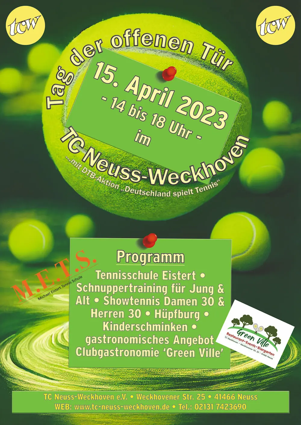 Werbeplakat Saisoneröffnung & 'Tag der offenen Tür' 2023 im TC Neuss-Weckhoven e.V. Werbeplakat Saisoneröffnung & 'Tag der offenen Tür' 2023 im TC Neuss-Weckhoven e.V.