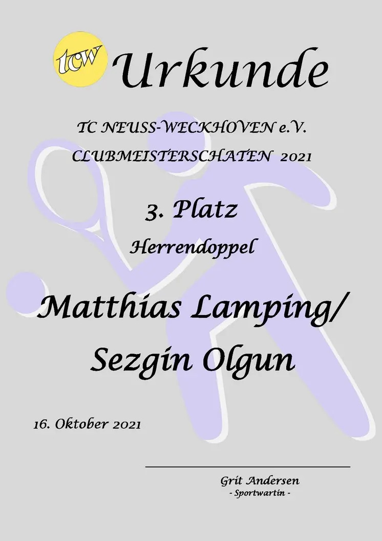 Urkunde Clubmeisterschaften TC Neuss-Weckhoven e.V. Urkunde Clubmeisterschaften TC Neuss-Weckhoven e.V.