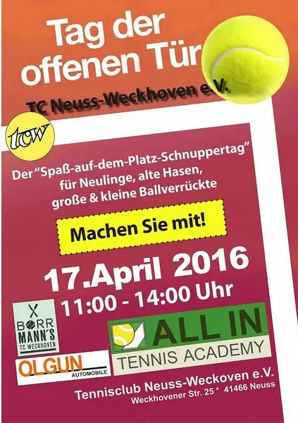 Werbeflyer Saisoneröffnung/'Tag der offenen Tür' 2016 im TC Neuss-Weckhoven e.V.