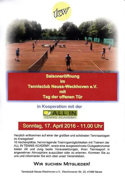 Werbeflyer Saisoneröffnung/'Tag der offenen Tür' 2016 im TC Neuss-Weckhoven e.V.