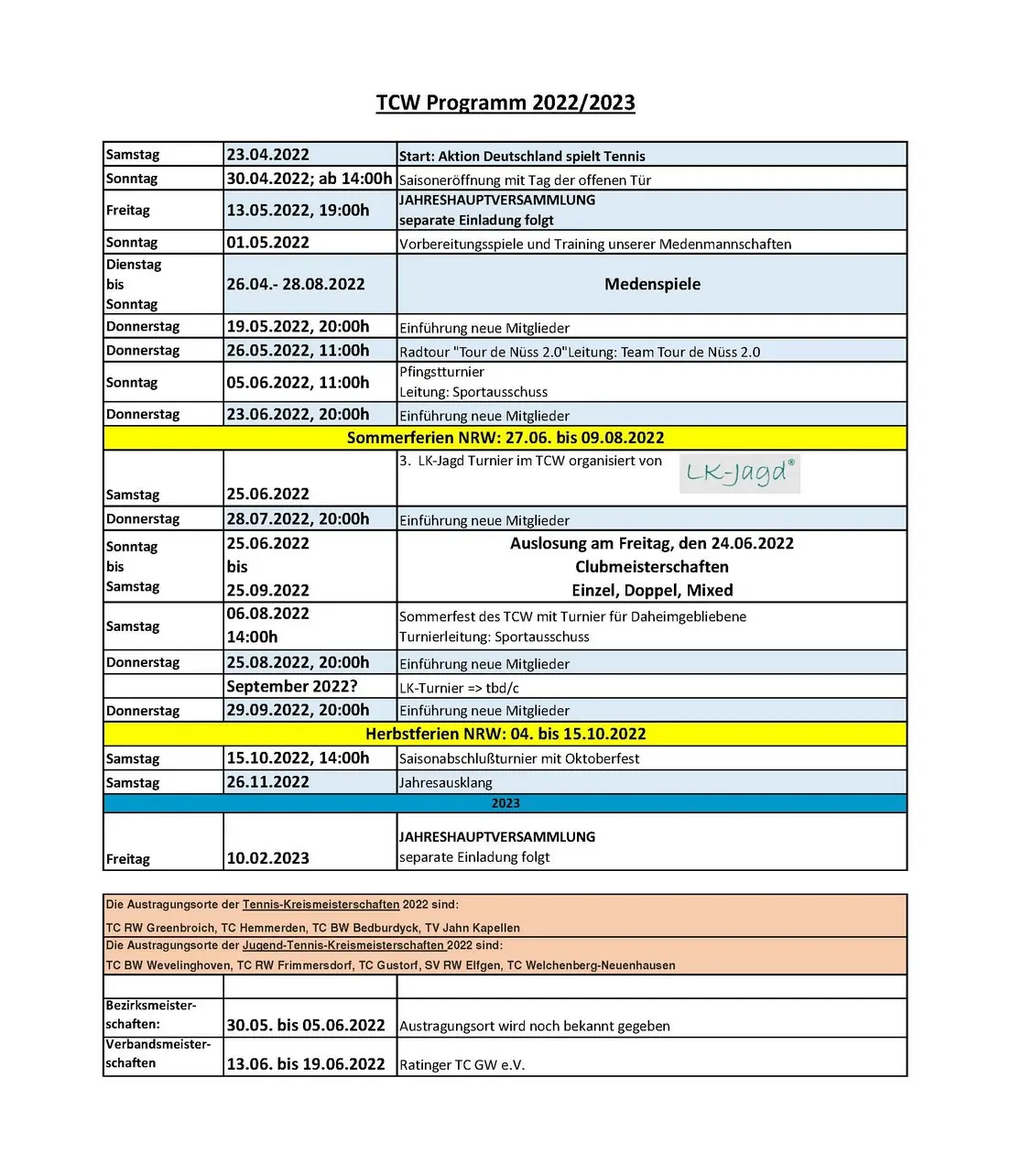 Veranstaltungen und Termin im TCW 2022/2023 Veranstaltungen und Termin im TCW 2022/2023