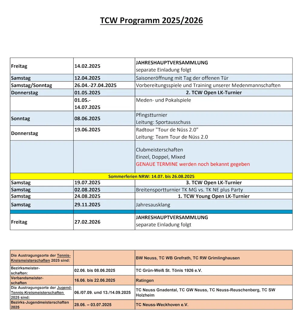 Veranstaltungen und Termin im TCW 2025/2026 Veranstaltungen und Termin im TCW 2025/2026